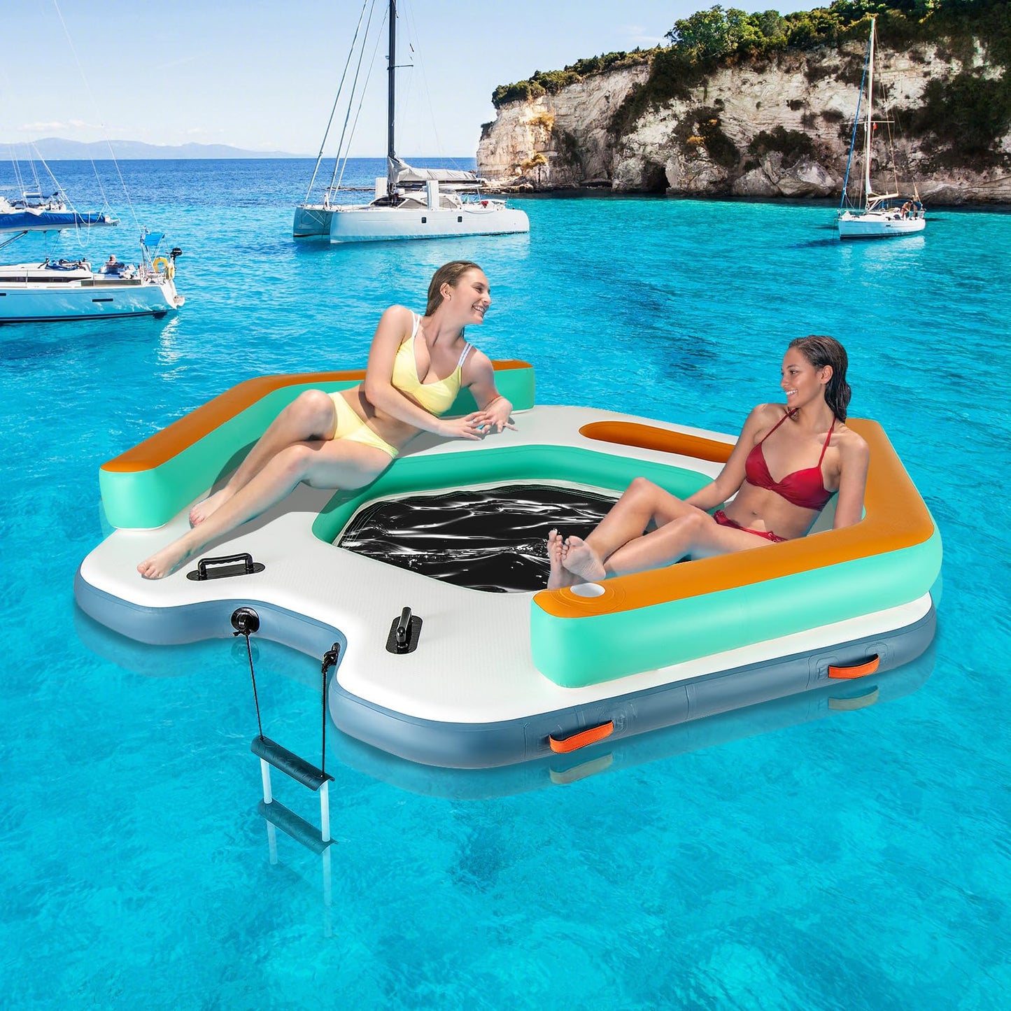 Floating Dock, 8.7FT x 8.7FT Inflatable Dock Platform w/Detachable Ladder