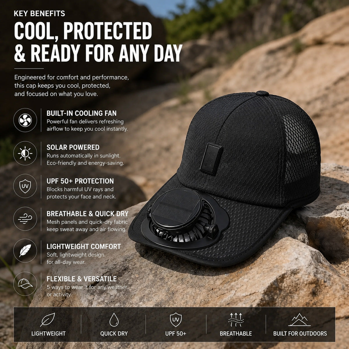 2026 Pro Outdoor Cooling Hat – Solar + USB Dual-Powered Fan Cap (Gray)