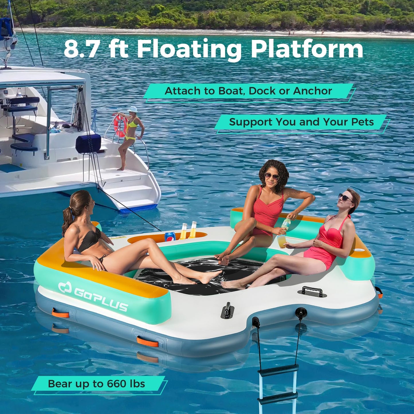 Floating Dock, 8.7FT x 8.7FT Inflatable Dock Platform w/Detachable Ladder
