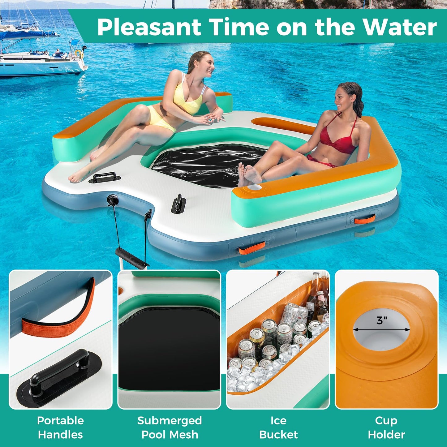 Floating Dock, 8.7FT x 8.7FT Inflatable Dock Platform w/Detachable Ladder